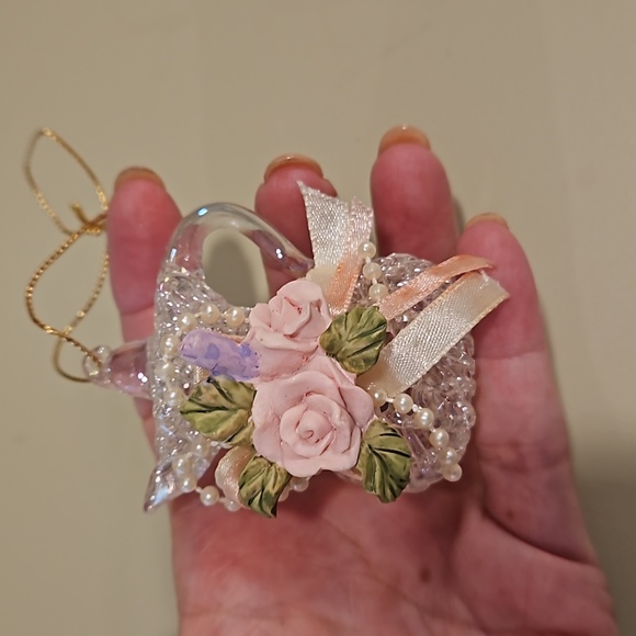 Shabby Chic spun glass jug pitcher roses pearls ornament decor Christmas Mom - Picture 3 of 5